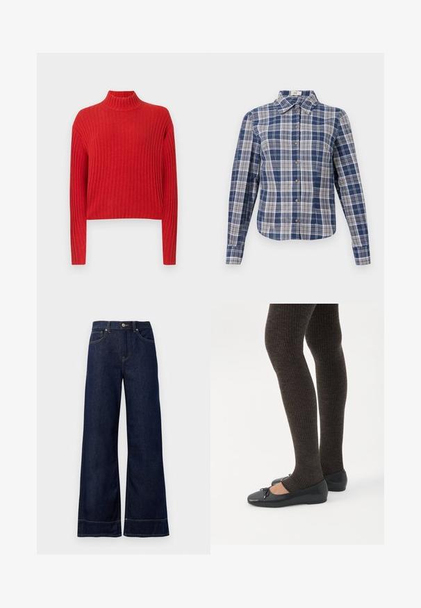 Pull en maille rouge à côtes avec un col montant, des manches longues et une coupe courte. La texture du tissu semble douce et tricotée, avec des rayures verticales.; Chemise à manches longues à carreaux bleu et blanc avec un col et des boutons marron, présentée à plat sur un fond blanc.; Jean large bleu foncé en denim. Caractéristiques : fermeture par bouton, détails de couture et poches latérales. Ourlet évasé en bas.; Jambes portant des leggings côtelés foncés associés à des ballerines noires avec de petits détails en nœud sur fond blanc.