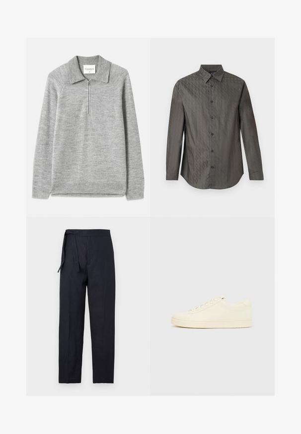 Grå pullover sweater med krave og halvlynlås. Fremstillet af et blødt strikmateriale, med ribbet kant og ærmer, samt en flad tekstur.; Mørkegrå langærmet skjorte med knapper, med et diskret, gennemgående præget geometrisk mønster og klassisk krave, vist på hvid baggrund.; Sorte højtaljede taperede bukser med et stofbælte bundet i venstre side, lavet af et glat, let materiale.; Sneaker i cremefarve med en glat læderoverdel, rundet tå, snørelukning foran og en tekstureret gummisål. Minimalistisk design uden logoer.
