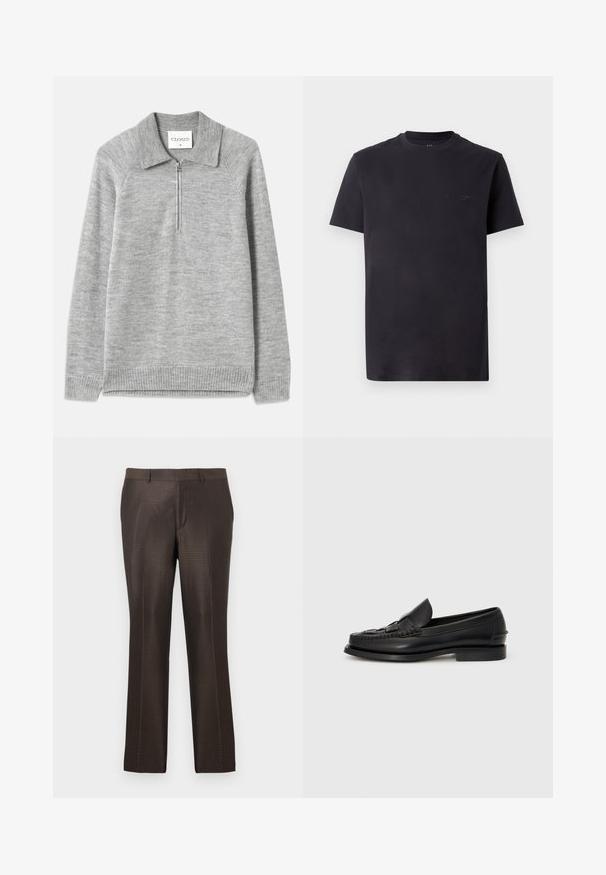 Grå pullover sweater med krave og halvlynlås. Fremstillet af et blødt strikmateriale, med ribbet kant og ærmer, samt en flad tekstur.; Sort bomulds T-shirt med rund hals, korte ærmer og præget logo detalje på brystet. Glat tekstur, afslappet pasform.; Brune skræddersyede bukser med et subtilt ternet mønster, flad front, slank pasform, lige ben og en glat tekstur.; Sorte læderloafer med et vævet detaljer hen over fronten, rund tå og en lav hæl. Glat tekstur og minimalistisk design.