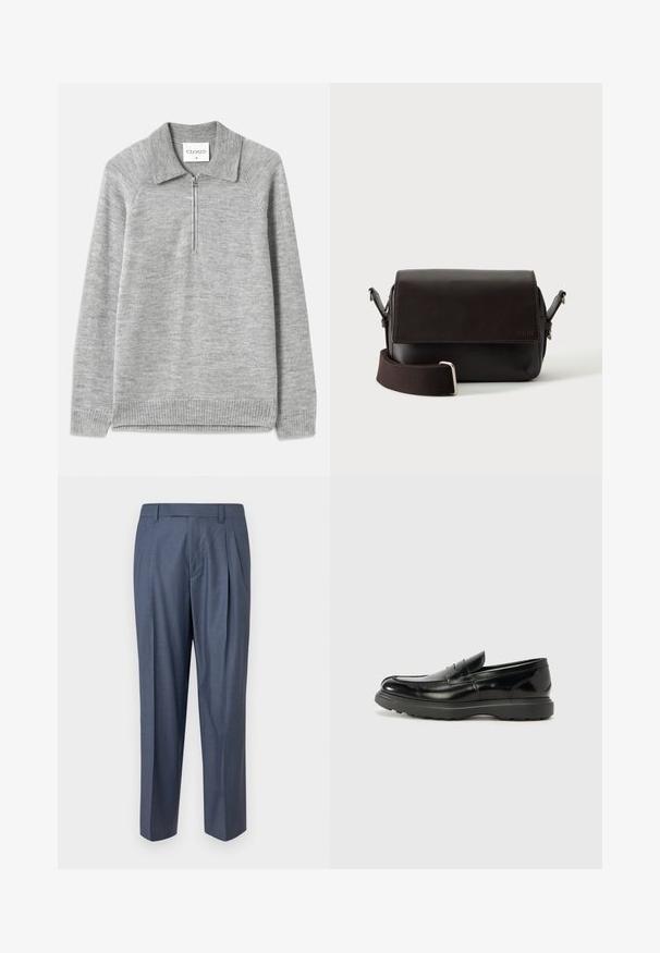 Suéter gris de punto con cuello y media cremallera. Fabricado en un material de punto suave, presenta un dobladillo y mangas acanalados, con una textura lisa.; Pantalones de vestir azules plisados hechos de una tela suave y ligera. Presentan un corte entallado, trabillas para cinturón y un diseño limpio y minimalista.; Mocasín de cuero negro con un acabado brillante, punta redondeada, detalles de costura sutiles y una suela de goma gruesa para mayor durabilidad.; Bolso bandolera de cuero marrón oscuro con cierre de solapa y correa de tela ajustable sobre fondo blanco.