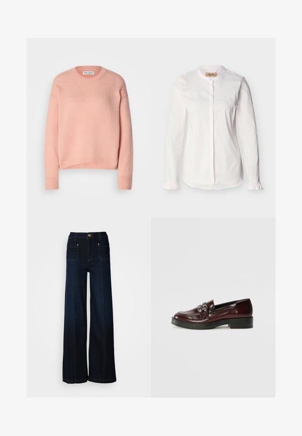 Lichtroze, gebreide trui met een ronde hals, verlaagde schouders en geribbelde mouwen en zoom. Zachte stof, casual ontwerp.; Witte blouse met lange mouwen, bandkraag, verborgen knopenlijst, subtiele verticale strepen en gerimpelde manchetten, weergegeven op een effen achtergrond.; Lossere denim jeans in donkerblauw. Bevat voorzakken, goudkleurige hardware en contrasterende stiksels. Glad textuur met een casual ontwerp.; Bordeaux leren loafer met dubbele zilveren gesp, een ronde neus en een gestructureerde zwarte rubberen zool. Klassiek, gestroomlijnd ontwerp.