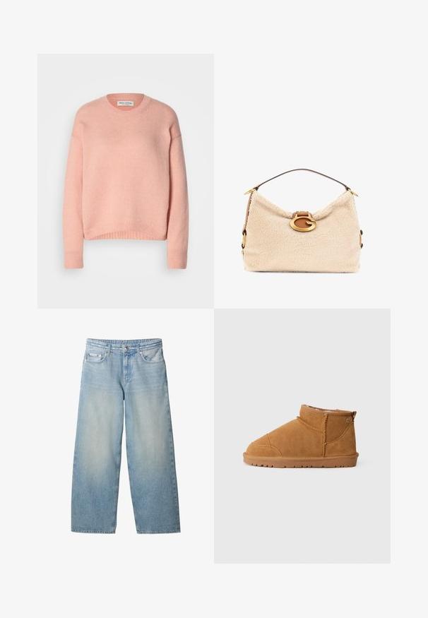 Lys pink, strikket sweater med rund hals, sænket skuldre og ribbede manchetter og kant. Blød tekstur, afslappet design.; Lyseblå jeans med vide ben, foran knap, lynlås, bæltestropper og Calvin Klein-logo på lille forlomme.; Tan ruskinds ankelstøvle med rund tå, syede detaljer, en lille hæl og en struktureret gummisål. Bagpå har den en lille løkke-detalje.; Kremet taske i imiteret shearling med en buet form, brune læderdetaljer og en lås i guldfarvet metal med mærkenavnet.