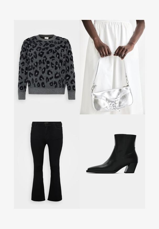 Grauer Pullover mit schwarzen Leopardenflecken, mit Rundhalsausschnitt und gerippten Säumen, aus einem weichen, strukturierten Material.; Schwarze Schlagjeans aus Denim mit Knopfverschluss, fünf Taschen und einer glatten Textur. Klassisches Design mit ausgestellt geschnittenem Saum.; Schwarze Leder-Stiefelette mit spitzem Zeh, schlanker Silhouette und klobigem quadratischem Absatz. Glatte Textur mit minimalen Nähdetails.; Silberne metallische Handtasche mit Schnürdetail, die ein elegantes Design und einen kurzen Tragegurt aufweist. Die Tasche wird in den Händen gehalten und zeigt ihre Textur.