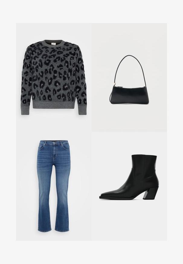 Hallideg gray särk mustade leopardilaikudega, ümar kaelus ja soonikkoes varrukate otstes, valmistatud pehmest tekstuuriga materjalist.; ONLY Carmakoma Straight fit CARWILLY Mid waist - Sirgete säärtega teksad - dark blue denim; Must must jalatsid mustast nahast, terava ninaga, stiilne siluett ja jäme ruudukujuline konts. Sile tekstuur, millel on minimaalsed õmblemise detailid.; Must ristkülikukujuline käekott õhukese sangaga ja lukuga, valgel taustal.