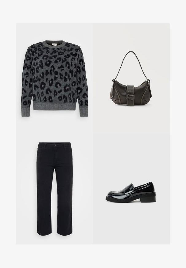 Pull gris avec taches de léopard noires, doté d'un col ras du cou et de poignets côtelés, fabriqué dans un matériau doux et texturé.; Jeans en denim noir avec une coupe droite. Les caractéristiques incluent une fermeture à bouton à la taille, des passants de ceinture et des poches avant/arrière. Texture lisse.; Mocassins en cuir verni noir avec un bout rond, un petit talon carré et une finition lisse et brillante. Présente une sangle décorative à l'avant.; Sac à épaule en cuir noir avec une sangle à boucle, des bords arrondis et des coutures blanches contrastées sur un fond uni.