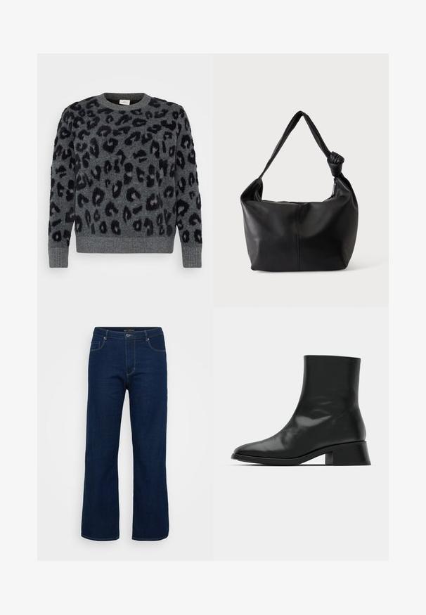Grauer Pullover mit schwarzen Leopardenflecken, mit Rundhalsausschnitt und gerippten Säumen, aus einem weichen, strukturierten Material.; Dunkelblaue Denim-Jeans mit geradem Schnitt, ausgestattet mit einem Reißverschluss, fünf Taschen und sichtbaren Nähten.; Schwarze Ankle Boots aus glänzendem Leder, mit einem eleganten Design, spitzer Zehenpartie und einem moderaten Blockabsatz für Stabilität.; Schwarze Leder-Schultertasche mit einem einzigen verknoteten Riemen und einem weichen, lässigen rechteckigen Körper.