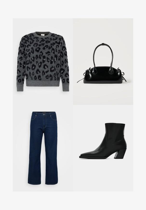 Grauer Pullover mit schwarzen Leopardenflecken, mit Rundhalsausschnitt und gerippten Säumen, aus einem weichen, strukturierten Material.; Dunkelblaue Denim-Jeans mit geradem Schnitt, ausgestattet mit einem Reißverschluss, fünf Taschen und sichtbaren Nähten.; Schwarze Leder-Stiefelette mit spitzem Zeh, schlanker Silhouette und klobigem quadratischem Absatz. Glatte Textur mit minimalen Nähdetails.; Kleine schwarze glänzende Handtasche mit zwei langen Griffen und seitlichen Kordelzug-Details vor einfachem hellem Hintergrund.