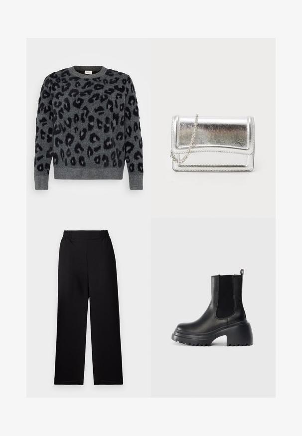 Suéter gris con manchas negras de leopardo, con cuello redondo y puños acanalados, hecho de un material suave y texturizado.; Pantalones de pierna ancha plisados en negro con cintura elástica. El material tiene un acabado texturizado. Sin hardware visible ni patrones.; Botas negras de cuero hasta el tobillo con paneles laterales elásticos, suela gruesa y chunky, y detalles de agarre texturizados en la suela exterior. Diseño minimalista.; Bolso de mano metálico plateado con textura suave, cierre de solapa y cadena para el hombro. Presenta un diseño rectangular estructurado y acentos cosidos.