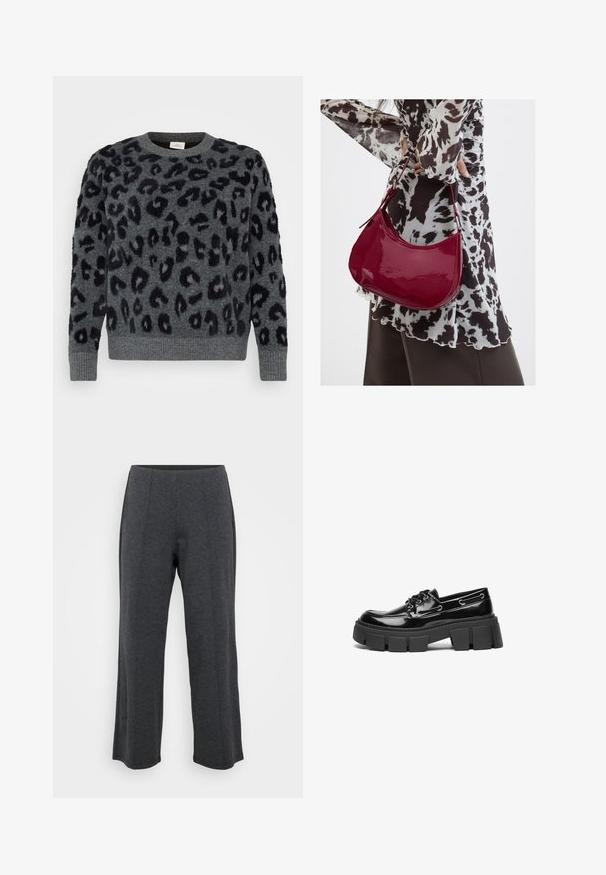 Suéter gris con manchas negras de leopardo, con cuello redondo y puños acanalados, hecho de un material suave y texturizado.; Pantalones de pierna ancha en gris oscuro, hechos de una tela suave y elástica. Presentan una cinturilla suave y un frente plano con pliegues sutiles para un detalle adicional.; Mocasin de charol negro con una suela de plataforma chunky negra y ojales decorativos. Textura suave con punta redondeada y detalle de cordones.; Mujer con blusa de estampado en blanco y negro sosteniendo un bolso de hombro rojo brillante sobre un fondo liso.