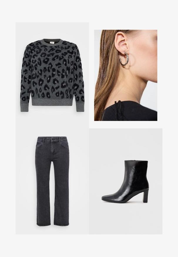 Grauer Pullover mit schwarzen Leopardenflecken, mit Rundhalsausschnitt und gerippten Säumen, aus einem weichen, strukturierten Material.; Schwarze Denim-Jeans mit geradem Bein, fünf Taschen und einem Knopfverschluss. Der Stoff hat eine leicht ausgewaschene Textur und eine robuste Naht.; Schwarze Knöchelstiefel aus glänzendem Leder mit spitzem Zustand und mittelhohem Blockabsatz, mit glatter Textur und einfachem Design.; Silberne Creolen mit polierter Oberfläche, die kleine goldene Akzentdetails und eine runde Form aufweisen, am Ohrläppchen getragen.