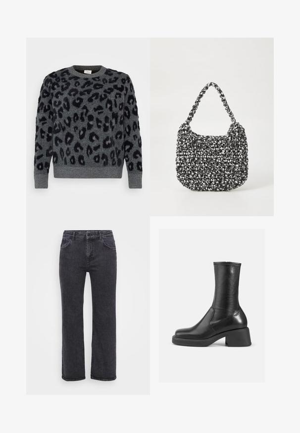 Grauer Pullover mit schwarzen Leopardenflecken, mit Rundhalsausschnitt und gerippten Säumen, aus einem weichen, strukturierten Material.; Schwarze Denim-Jeans mit geradem Bein, fünf Taschen und einem Knopfverschluss. Der Stoff hat eine leicht ausgewaschene Textur und eine robuste Naht.; Schwarze Leder-Ankle-Boots mit glatter Oberfläche, quadratischer Spitze und blockartigem Absatz. Mit seitlichen Nähten und einem dezenten metallischen Akzent.; Gewebte Handtasche in Schwarz und Weiß mit runder Form, strukturiertem Oberflächenfinish und geflochtener Grifffläche. Geeignet für den lässigen Gebrauch.