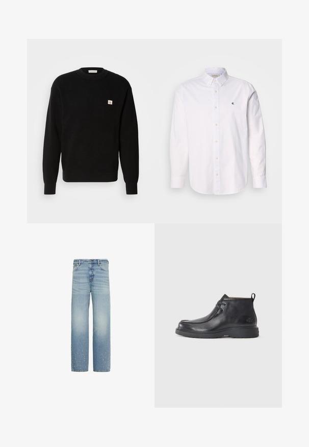 Suéter negro de punto con textura de canalé, cuello redondo y un pequeño parche de logo blanco y rojo en el lado izquierdo del pecho. Corte clásico con mangas largas.; Camisa blanca de algodón, con cuello clásico, mangas largas y un pequeño logo de CK en el lado izquierdo del pecho. Textura suave.; Vaqueros azul claro de corte recto con un sutil desgaste y pequeñas zonas desgastadas cerca del dobladillo inferior en ambas piernas.; Botas de cuero negras hasta el tobillo con punta redondeada, diseño con cordones y una lengüeta en la parte trasera. Parte superior texturizada y suela de goma.
