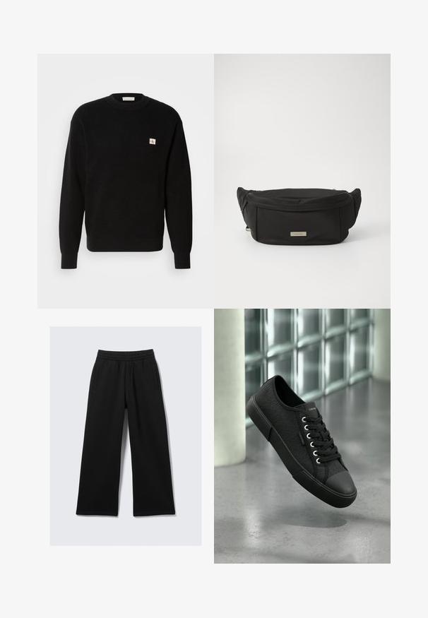 Suéter negro de punto con textura de canalé, cuello redondo y un pequeño parche de logo blanco y rojo en el lado izquierdo del pecho. Corte clásico con mangas largas.; Pantalones negros de pierna ancha con cintura elástica, dos bolsillos laterales y una textura suave. Diseñados para brindar comodidad y facilidad de movimiento.; Zapatilla negra de caña baja con patrón texturizado, suela negra y cordones, flotando sobre un suelo de hormigón pulido cerca de bloques de vidrio.; Bolso de cintura negro de nylon con una textura suave, forma curveada y un compartimento frontal con cremallera. Presenta una placa de logo dorada.