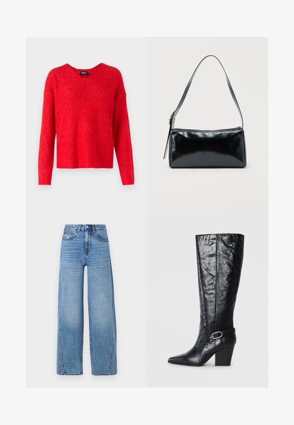 ONLY ONLCAMILLA V-NECK L/S PULLOVER KNT NOOS - Pullover - true red; Jean en denim large à taille haute, bleu clair, avec poches avant, passants de ceinture, fermeture à bouton et détails de couture visibles.; Bottes noires montantes en cuir brillant, avec un bout pointu, une forme structurée, et une sangle décorative avec une boucle en argent.; Sac d'épaule rectangulaire noir avec une sangle réglable unique et une fermeture éclair supérieure sur un fond uni.