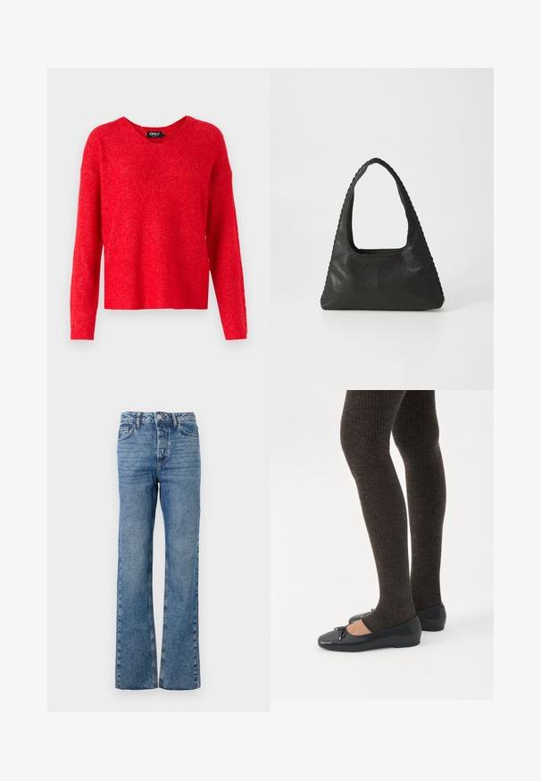 ONLY ONLCAMILLA V-NECK L/S PULLOVER KNT NOOS - Pullover - true red; Jean bleu évasés en denim. Comprend cinq poches, une fermeture à bouton et à glissière, avec un motif décoloré sur les jambes et une coupe droite.; Jambes portant des leggings côtelés foncés associés à des ballerines noires avec de petits détails en nœud sur fond blanc.; Sac à main en cuir noir de forme triangulaire, avec une grande poignée découpée et des coutures détaillées le long des bords. Texture lisse.