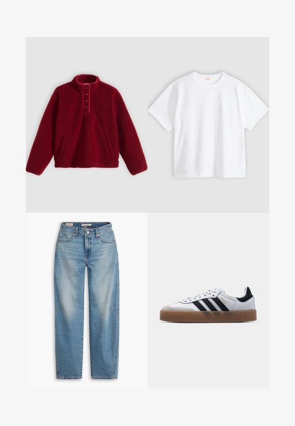 Rode fleece pullover met een hoge kraag en een vierknopsbies, voorzien van twee zijzakken en een zachte, textuurrijke oppervlakte.; Wit katoenen t-shirt met korte mouwen, ronde hals, losse pasvorm, gladde textuur en een klein logolabel aan de linker zijnnaad.; Lichtblauwe spijkerbroek van denim met een losse pasvorm, rechte pijpen, een knoopsluiting en vijf zakken, voorzien van subtiele vervaging en stikseldetails.; Witte leren sneakers met zwarte strepen, gumrubberen buitenzool, ronde neus, vetersluiting en een zachte grijze suède neuskap.