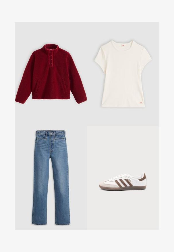 Rode fleece pullover met een hoge kraag en een vierknopsbies, voorzien van twee zijzakken en een zachte, textuurrijke oppervlakte.; Wit T-shirt met korte mouwen van geribd katoen, een ronde hals en een klein Levi's-logotagje aan de onderzoom.; Lichtblauwe, straight-leg jeans van denim. Kenmerken zijn onder andere een knoopsluiting, vijf zakken en subtiele vervaging. Geen versieringen of patronen.; Witte Adidas Samba sneaker met bruine suède strepen, bruine rubberen zool en beige suède neuskap, getoond vanaf de buitenkant op een effen achtergrond.
