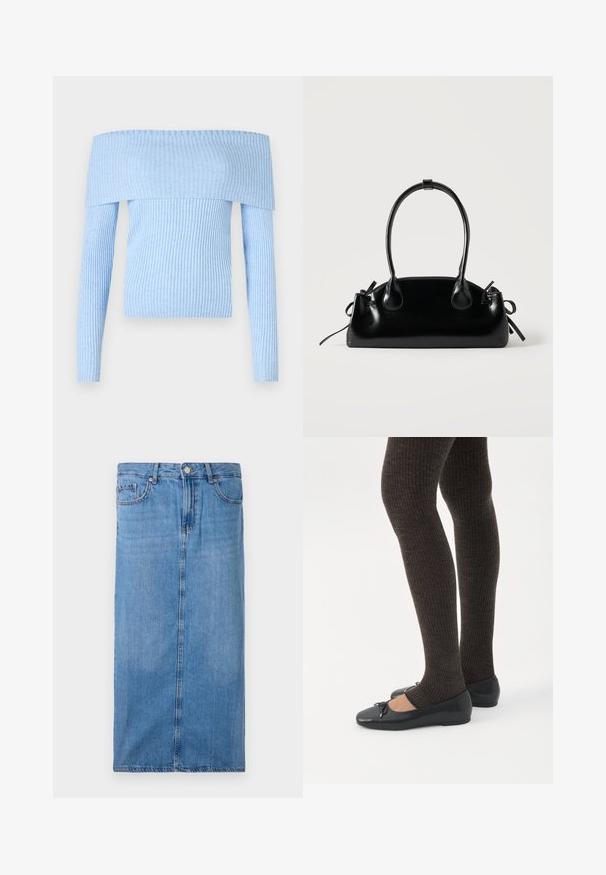 Pull en tricot côtelé bleu clair, décolleté épaule dénudée, avec des manches longues et une coupe ajustée. Le matériau semble doux avec une texture uniforme.; Jupe midi en denim bleu clair, avec une silhouette droite, une couture frontale, et une taille standard avec cinq passants de ceinture et une fermeture à bouton en métal.; Jambes portant des leggings côtelés foncés associés à des ballerines noires avec de petits détails en nœud sur fond blanc.; Petit sac à main noir brillant avec deux longues anses et des détails à cordon sur les côtés sur un fond clair uni.