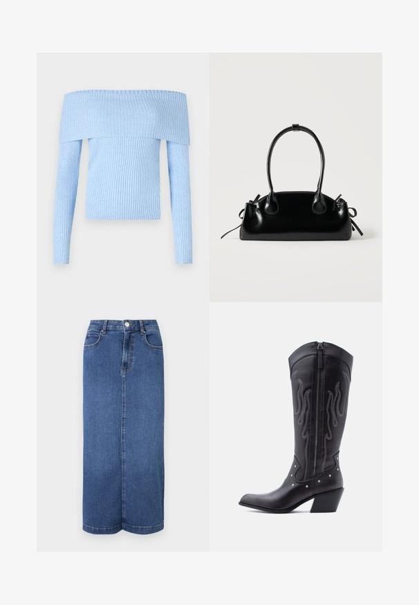 Lichtblauwe, ribbelgebreide off-the-shoulder trui met lange mouwen en een aansluitend ontwerp. Het materiaal lijkt zacht met een consistente textuur.; Denim maxi rok in donkerblauw, met een rechte snit, een tailleband met knoopsluiting en minimale stikdetails.; Zwarte leren cowboylaarzen met een puntige neus, zichtbare stiksels, zilveren studaccenten en een ritssluiting aan de binnenkant.; Kleine zwarte glanzende handtas met twee lange hengsels en zijkant trekkoord details op een effen lichte achtergrond.