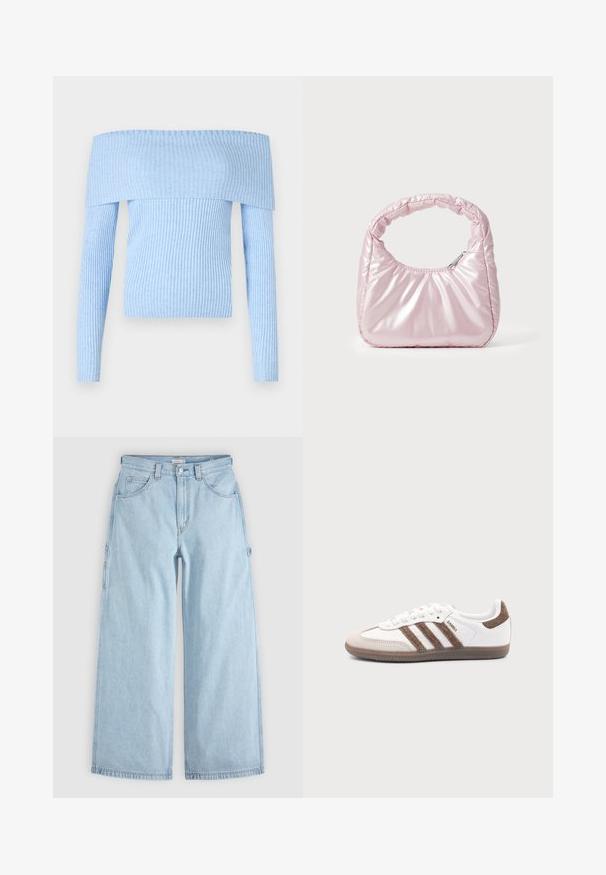 Lichtblauwe, ribbelgebreide off-the-shoulder trui met lange mouwen en een aansluitend ontwerp. Het materiaal lijkt zacht met een consistente textuur.; Lichtblauwe denim jeans met wijde pijpen, voorzakken, riemlussen en zijlusjes voor gereedschap, plat gelegd op een grijze achtergrond.; Witte Adidas Samba sneaker met bruine suède strepen, bruine rubberen zool en beige suède neuskap, getoond vanaf de buitenkant op een effen achtergrond.; Roze, gevoerde handtas met een afgeronde vorm, gemaakt van glanzend materiaal. Beschikt over een geplooide handgreep en een ritssluiting voor veilige toegang.