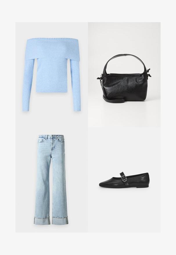 Pull en tricot côtelé bleu clair, décolleté épaule dénudée, avec des manches longues et une coupe ajustée. Le matériau semble doux avec une texture uniforme.; Jeans en denim bleu clair avec des jambes larges, des ourlets effilochés et des détails décoratifs en rhinestones aux poignets. Design standard à cinq poches.; Chaussure plate en cuir noir avec un bout arrondi, une seule sangle réglable à boucle et une texture lisse et brillante. Design minimaliste avec un petit talon.; Sac à main en cuir noir au design structuré, avec une poignée arrondie et une bandoulière amovible. Présente une texture lisse et un éclat subtil.