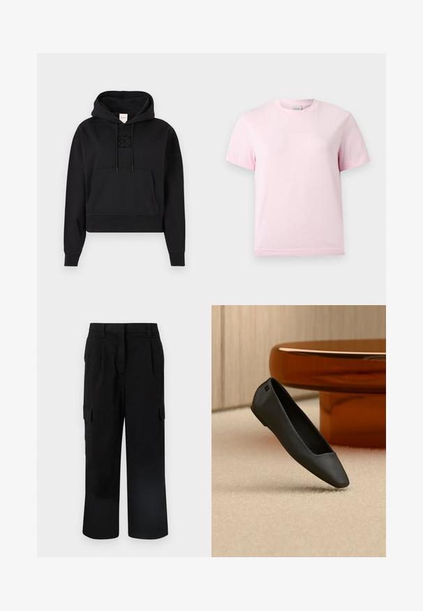 Haut hoodie noir court en tissu doux, avec une poche kangourou à l'avant, une capuche à cordon de serrage et un logo brodé discret sur la poitrine.; T-shirt rose clair à manches courtes et col rond avec un logo "Calvin Klein" en relief subtil centré sur la poitrine.; Pantalon cargo noir à jambes larges avec poches à rabat latérales, passants de ceinture et fermeture avant dissimulée.; Chaussure plate noire à bout pointu reposant sur un tapis beige près d'une table ronde de couleur ambre dans un décor minimaliste.