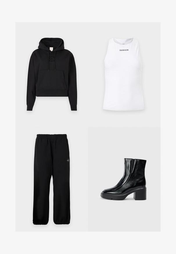 Μαύρο cropped hoodie φτιαγμένο από μαλακό ύφασμα, διαθέτει μπροστινή τσέπη καγκουρό, κουκούλα με κορδόνι, και μια διακριτική κεντητή λογότυπο στο στήθος.; Λευκό αμάνικο αθλητικό τοπ Calvin Klein με ψηλό λαιμό και διακριτικό υφασμένο ύφασμα.; Μαύρο παντελόνι φόρμας με ελαστική μέση, φαρδιά πόδια και μια μικρή λεπτομέρεια λογότυπου στην αριστερή πλευρά. Λείος υφασμάτινος υλικό.; Μαύρες πατενταρισμένες δερμάτινες μπότες στον αστράγαλο με καμπυλωτή μύτη, ελαστικές πλαϊνές πινακίδες και χοντρό μπλοκ τακούνι. Διαθέτουν ανάγλυφο λογότυπο στο πίσω μέρος.