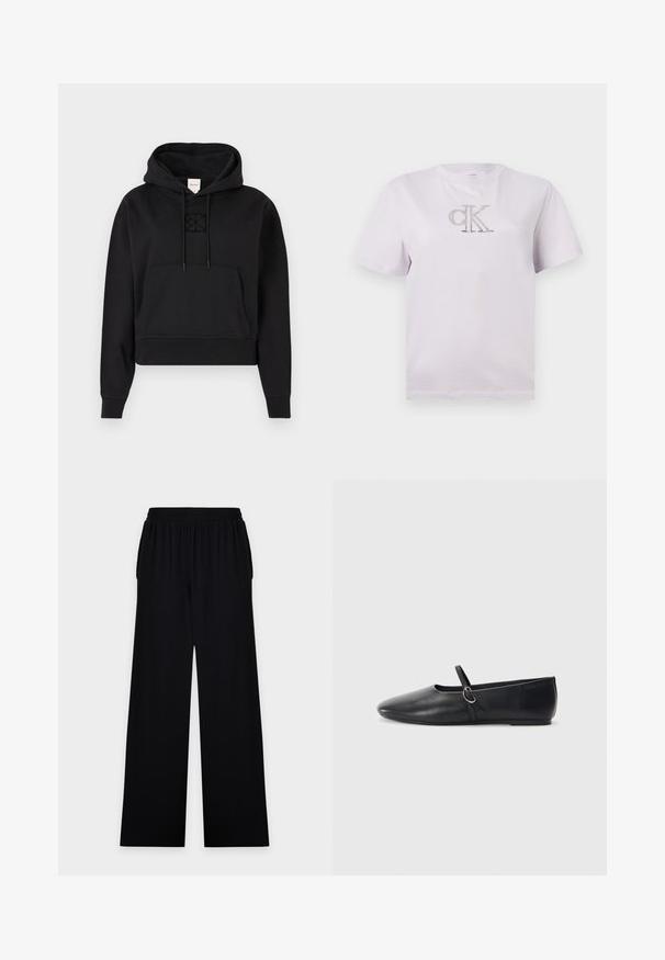 Haut hoodie noir court en tissu doux, avec une poche kangourou à l'avant, une capuche à cordon de serrage et un logo brodé discret sur la poitrine.; T-shirt blanc à manches courtes avec un col rond et un petit logo "cK" centré sur la poitrine.; Pantalon noir à jambes larges avec taille élastique et poches latérales, confectionné dans un tissu doux et fluide.; Ballerines noires en cuir avec un bout pointu, une semelle plate et une petite sangle avec un détail de boucle en argent.