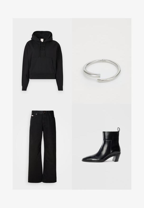 Μαύρο cropped hoodie φτιαγμένο από μαλακό ύφασμα, διαθέτει μπροστινή τσέπη καγκουρό, κουκούλα με κορδόνι, και μια διακριτική κεντητή λογότυπο στο στήθος.; Μαύρα τζιν παντελόνια με φαρδιά πόδια, φτιαγμένα από βαμβάκι. Διαθέτουν μπροστινές τσέπες, κλείσιμο με κουμπί και κλασική υφή τζιν. Μινιμαλιστικός σχεδιασμός χωρίς σχέδια.; Μαύρη δερμάτινη μπότα με καμπυλωτή μύτη, γεωμετρικό σωρό μέτρου και θηλίτσα στο πίσω μέρος. Λείο υλικό και κομψός σχεδιασμός.; Calvin Klein SPIRAL - Βραχιόλι - silver-coloured