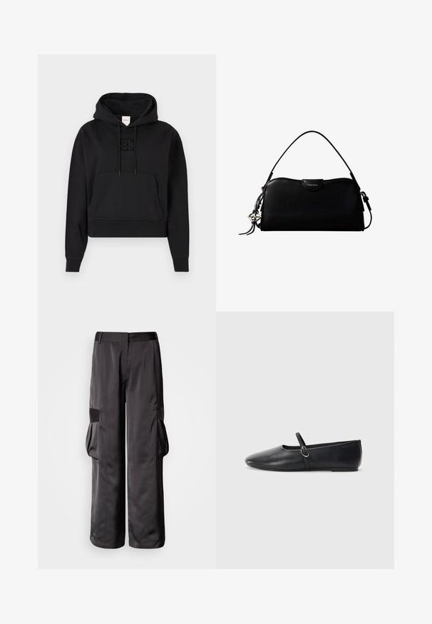 Μαύρο cropped hoodie φτιαγμένο από μαλακό ύφασμα, διαθέτει μπροστινή τσέπη καγκουρό, κουκούλα με κορδόνι, και μια διακριτική κεντητή λογότυπο στο στήθος.; Μαύροι cargo παντελόνια από λείο ύφασμα, με φαρδιά πόδια, μεγάλες πλαϊνές τσέπες και επίπεδη μέση με λεπτομέρειες έμφασης.; Μαύρες δερμάτινες μπαλαρίνες με μυτερή μύτη, επίπεδο πάτο και μικρή λωρίδα με λεπτομέρεια ασημένιας αγκράφας.; Μαύρη ορθογώνια τσάντα Calvin Klein με ενιαίο λουράκι στο πάνω μέρος, ασημί λογότυπο-γαντζάκι και μικρό καπάκι κλεισίματος στο μπροστινό μέρος.