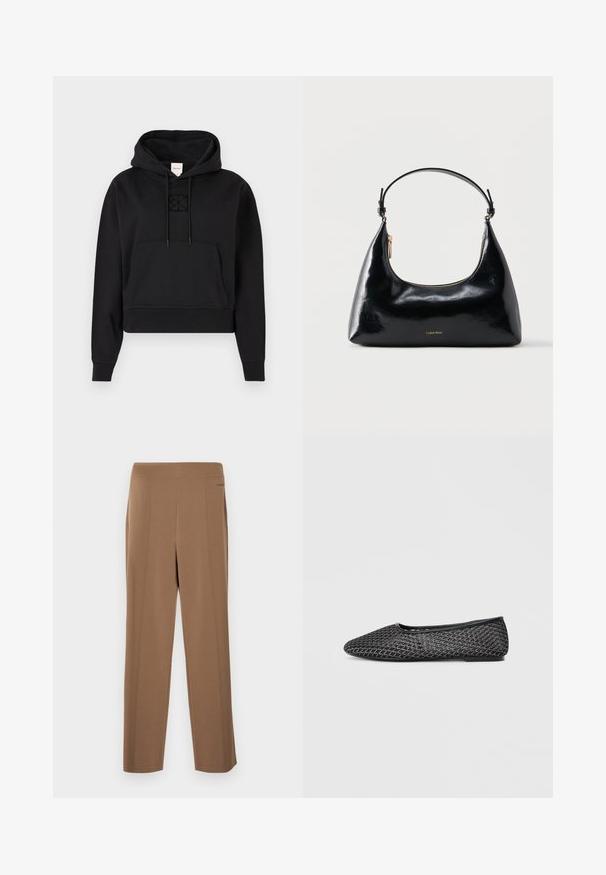 Μαύρο cropped hoodie φτιαγμένο από μαλακό ύφασμα, διαθέτει μπροστινή τσέπη καγκουρό, κουκούλα με κορδόνι, και μια διακριτική κεντητή λογότυπο στο στήθος.; Καφέ, ραμμένο παντελόνι με ομαλή υφή, διαθέτει ψηλή μέση, ίσια πόδια και διακριτικές ραφές μπροστά για λεπτομέρεια.; Μαύρες πλεκτές μπαλαρίνες με μυτερή μύτη, υφή άνω με γεωμετρικό σχέδιο και επίπεδη ελαστική σόλα.; Μαύρη γυαλιστερή τσάντα Calvin Klein με χρυστό φερμουάρ και κοντό λουρί σε απλό λευκό φόντο.