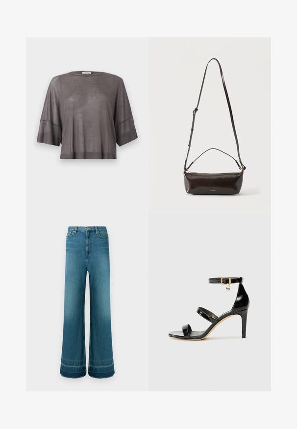 T-shirt en maille grise semi-transparente, coupe ample, manches courtes, poignets et ourlet côtelés, col rond et détail subtil de couture en forme de V.; Jean denim bleu taille haute à jambes larges, cinq poches, fermeture à boutons et légère décoloration près des ourlets.; Sandale en cuir verni noir avec trois brides, boucle de cheville et talon aiguille de 10 cm. Présente un détail en métal doré et un charm logo.; Petit sac à bandoulière en cuir marron foncé brillant avec bandoulière réglable, poignée supérieure et fermeture éclair dorée.