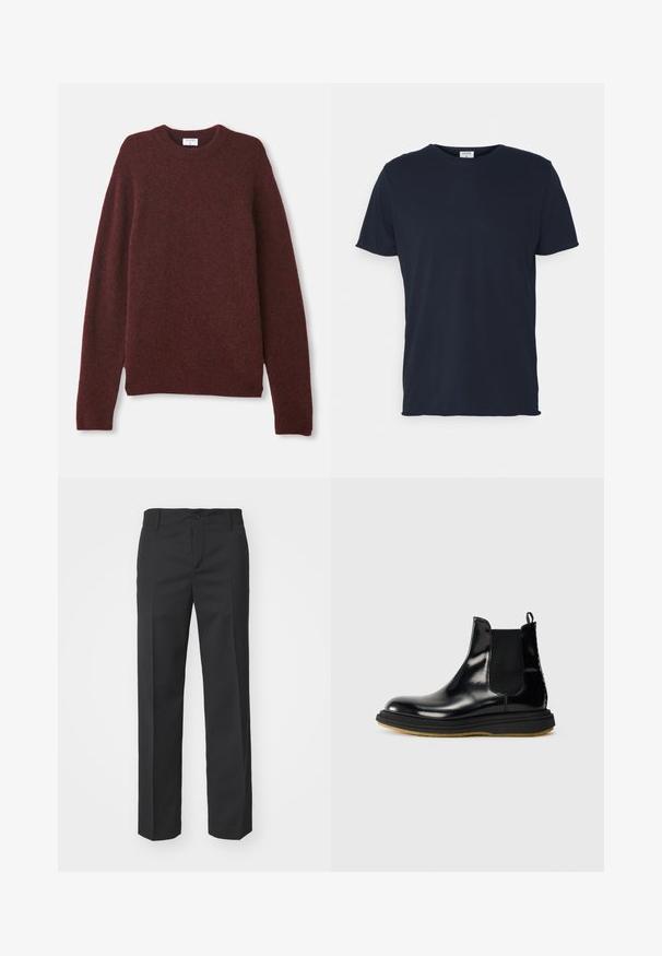 Burgundy-neule pehmeästä kankaasta, jossa on klassinen pyöreä kaula-aukko, pitkät hihat ja rento istuvuus. Ei kuvioita tai näkyvää varustusta.; Navy sininen puuvillatee-paita, jossa on pyöreä kaula-aukko ja lyhyet hihat, sileä pinta ja yksinkertainen muotoilu, ei näkyviä kuvioita tai yksityiskohtia.; Filippa K TROY TROUSERS - Housut - black; Musta nahkainen Chelsea-saapas, jossa on kiiltävä pinta, joustavat sivupaneelit, vetonauha ja texturoitu kumipohja.