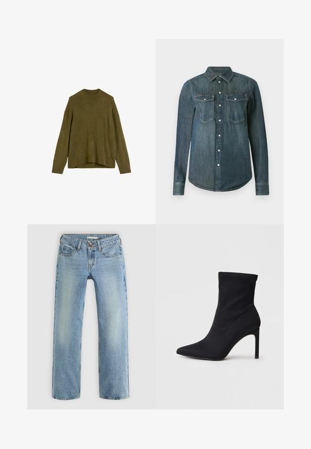 Olijfgroen gebreid truitje met een geribbelde ronde hals, afhangende schouders en een losse pasvorm. De zoom is aan de achterkant iets langer.; Donkerblauwe denim blouse met lange mouwen, knoopsluiting aan de voorkant en twee borstzakken met kleppen en knopen.; Lichtblauwe rechte jeans van denim, met een knoopsluiting, vijf zakken en subtiele vervaging langs de benen.; Zwarte, spitse sock boot met slanke hoge hak en elastische stof schacht tegen een witte achtergrond.