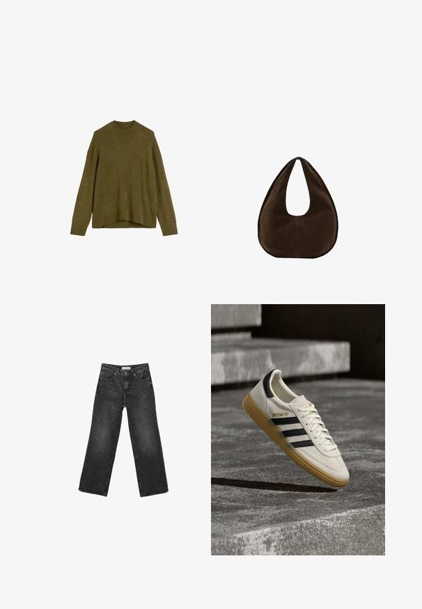 Olivengrøn strikketrøje med ribbet rund hals, drop shoulder-ærmer og en løs pasform. Kantene er lidt længere bagtil.; Sorte denimjeans med brede ben, for- og baglommer, knaplukning og bæltestropper, lagt fladt på en hvid baggrund.; Hvid Adidas Spezial sneaker med sorte striber og gummisål, svævende over grå stentrin udendørs.; Mørkebrun ruskind skuldertaske formet som en halvmåne med en bred rem og glat tekstur på en hvid baggrund.