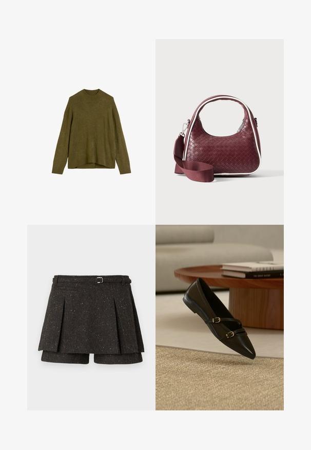 Jersey de color oliva con un cuello redondo acanalado, hombros caídos y un corte holgado. El dobladillo es ligeramente más largo en la parte posterior.; Falda pantalón de mezcla de lana gris oscuro jaspeado con pliegues, cinturón lateral con hebilla metálica y pantalones cortos ocultos debajo.; Zapato plano negro con puntera puntiaguda y dos delgadas correas con hebillas flotando sobre una alfombra beige, con una mesa de café de madera y libros al fondo.; Bolso de mano de cuero tejido color granate con asa curva, ribete blanco, cremallera plateada y correa desmontable de tela ancha para el hombro sobre fondo liso.