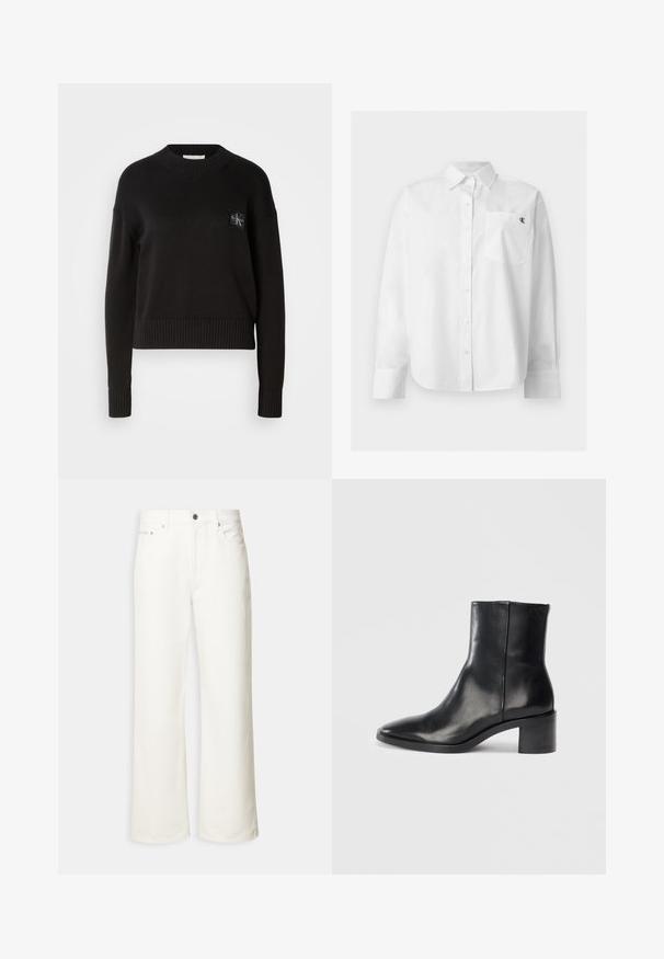 Pull en tricot noir avec un col rond, des poignets et un ourlet côtelés. Présente un petit patch logo carré sur la poitrine gauche. Coupe décontractée.; Chemise blanche à manches longues avec boutons, col pointu et poche avant avec petit logo noir "CK" sur la poitrine gauche.; Jean blanc à jambes larges avec boutons à l'avant, passants de ceinture et design à cinq poches.; Bottine en cuir noir avec un bout pointu, un petit talon bloc et un logo en relief discret. Texture lisse avec un design élégant et un minimum de coutures.