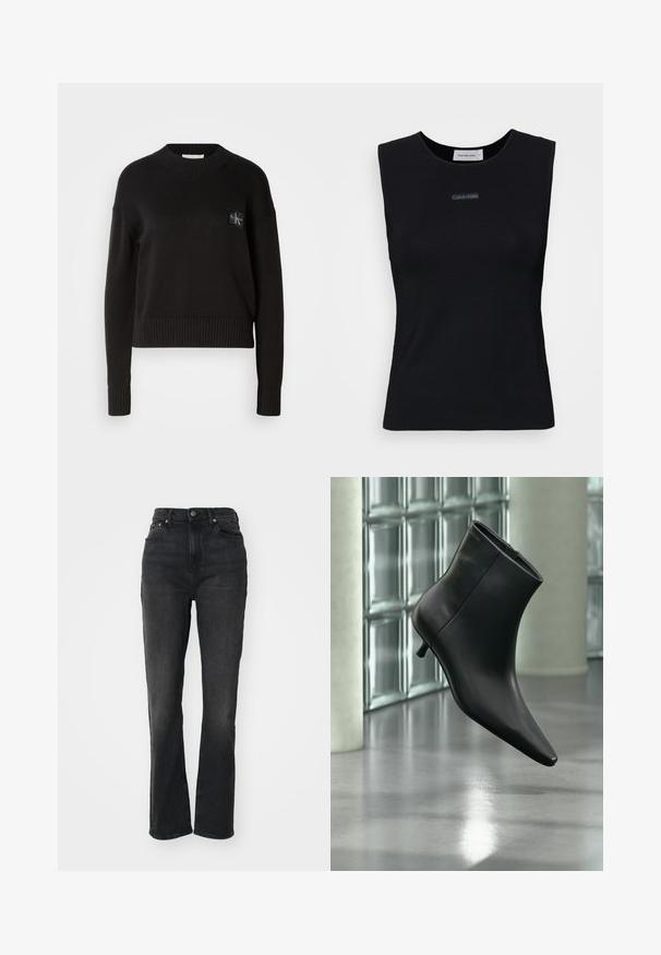 Sort strikket sweater med rund hals, ribbede manchetter og kant. Har et lille firkantet logo-patch på venstre bryst. Casual fit.; Sort ærmeløs top lavet af glat stof. Har en rund halsudskæring og et lille Calvin Klein-logo i midten. Simpelt og tætsiddende design.; Højtaljede sorte denim jeans med lige ben, fem-lomme design, frontlukning med knap og minimal syning.; Sort læderankelstøvle med spids tå og lav kitten-hæ, vist vinklet mod en poleret gulv- og glasblokvæg.