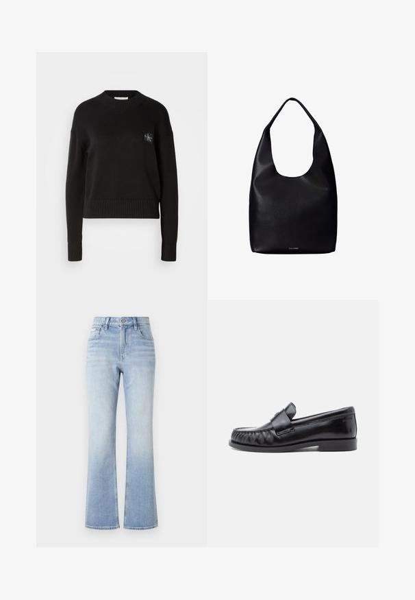 Sort strikket sweater med rund hals, ribbede manchetter og kant. Har et lille firkantet logo-patch på venstre bryst. Casual fit.; Lyseblå denim flared jeans med høj talje, kontrasterende syninger, forlommer og en subtil faldefarve mod kanten.; Sorte læderloafers med rundet tå, karakteristisk syning og en dekorativ rem over vampen. Glat finish og lav hæl.; Sort læder shoppertaske med en bred enkelt skulderrem og et subtilt Calvin Klein-logo nederst i midten.