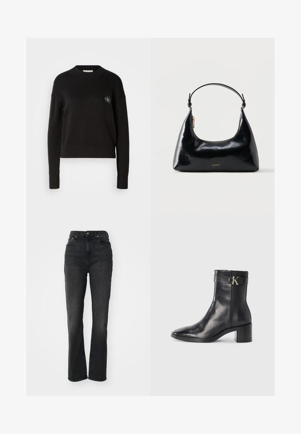 Suéter de punto negro con cuello redondo, puños acanalados y dobladillo. Presenta un pequeño parche de logo cuadrado en el lado izquierdo del pecho. Corte casual.; Jeans de mezclilla negros de tiro alto con piernas rectas, diseño de cinco bolsillos, cierre frontal con botón y detalles de costura mínimos.; Bota de tobillo de cuero negra con punta afilada, tacón cuadrado y una correa con un detalle de logo metálico. Textura suave y diseño minimalista.; Bolso negro brillante de Calvin Klein con cremallera dorada y correa corta sobre un fondo blanco liso.