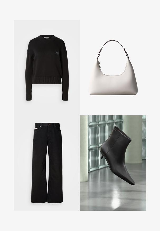 Sort strikket sweater med rund hals, ribbede manchetter og kant. Har et lille firkantet logo-patch på venstre bryst. Casual fit.; Sorte breddebenede jeans lavet af bomuld. Har forlommer, en knaplukning og en klassisk denimtekstur. Minimalistisk design uden mønstre.; Sort læderankelstøvle med spids tå og lille hæl vist mod en væg af glasblokke og poleret gulv baggrund.; Cremefarvet skuldertaske i læder fra Calvin Klein med buet topkant, sølvfarvet lynlås og mørkebrun justerbar rem.