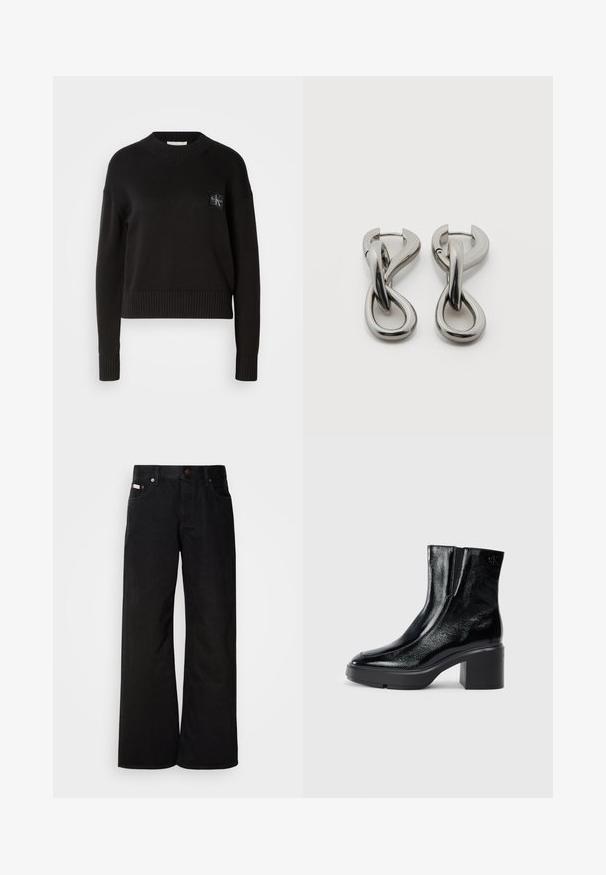 Suéter de punto negro con cuello redondo, puños acanalados y dobladillo. Presenta un pequeño parche de logo cuadrado en el lado izquierdo del pecho. Corte casual.; Jeans de pierna ancha negros, hechos de algodón. Presentan bolsillos frontales, cierre de botón y una textura de denim clásica. Diseño minimalista sin patrones.; Botas de tobillo de charol negro con puntera curva, paneles laterales elásticos y un tacón ancho. Presentan un logo embosado en la parte posterior.; Par de pendientes de metal con acabado plateado y diseño abstracto de bucles entrelazados sobre un fondo blanco.
