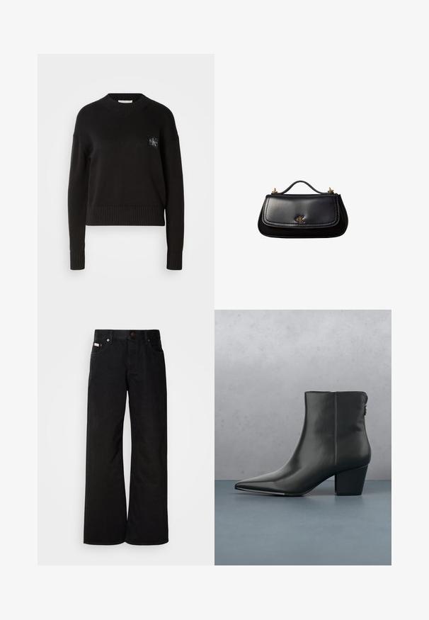 Sort strikket sweater med rund hals, ribbede manchetter og kant. Har et lille firkantet logo-patch på venstre bryst. Casual fit.; Sorte breddebenede jeans lavet af bomuld. Har forlommer, en knaplukning og en klassisk denimtekstur. Minimalistisk design uden mønstre.; Sort læder ankelstøvle med spids tå og moderat hæl, der har en glat overflade og minimal dekoration, sat mod en mønstret baggrund.; Sort lædertaske med et lille håndtag, guldfarvet "cK" logo på frontklappen og guldfarvede hardware-accenter.