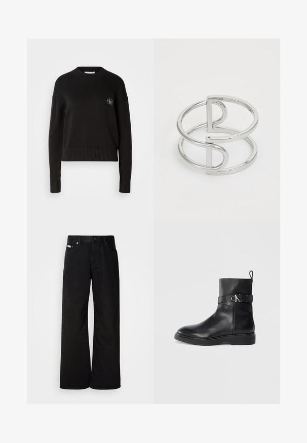 Sort strikket sweater med rund hals, ribbede manchetter og kant. Har et lille firkantet logo-patch på venstre bryst. Casual fit.; Sorte breddebenede jeans lavet af bomuld. Har forlommer, en knaplukning og en klassisk denimtekstur. Minimalistisk design uden mønstre.; Sort læder ankelstøvle med flad sål, der har en sidelås og detalje med sølvfarvet CK-logo. Glat overflade og strømlinet design.; Sølv metal armbånd med en dobbeltloopdesign, der har en glat, blank overflade og en minimalistisk geometrisk accent.