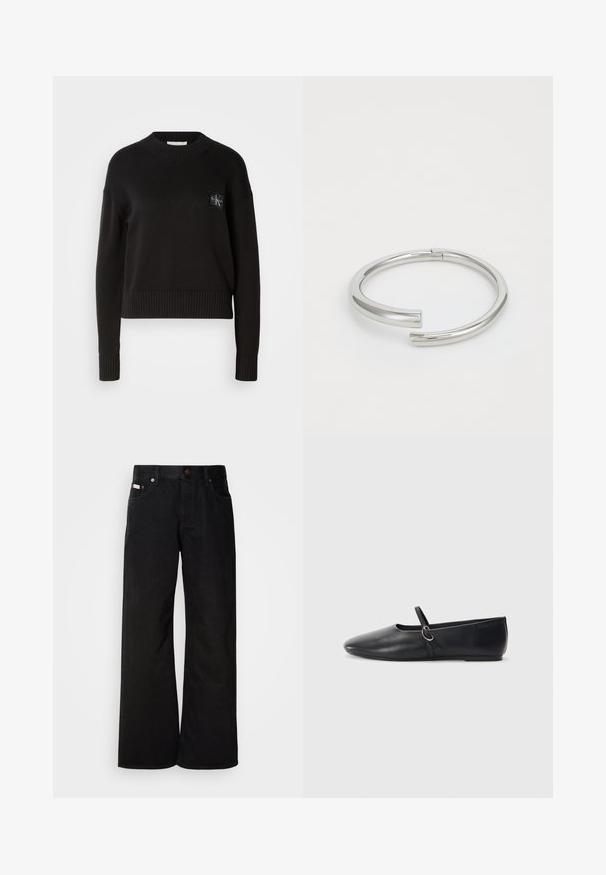 Suéter de punto negro con cuello redondo, puños acanalados y dobladillo. Presenta un pequeño parche de logo cuadrado en el lado izquierdo del pecho. Corte casual.; Jeans de pierna ancha negros, hechos de algodón. Presentan bolsillos frontales, cierre de botón y una textura de denim clásica. Diseño minimalista sin patrones.; Bailarinas de cuero negro con punta afilada, suela plana y una pequeña correa con detalle de hebilla plateada.; Calvin Klein SPIRAL - Pulsera - silver-coloured