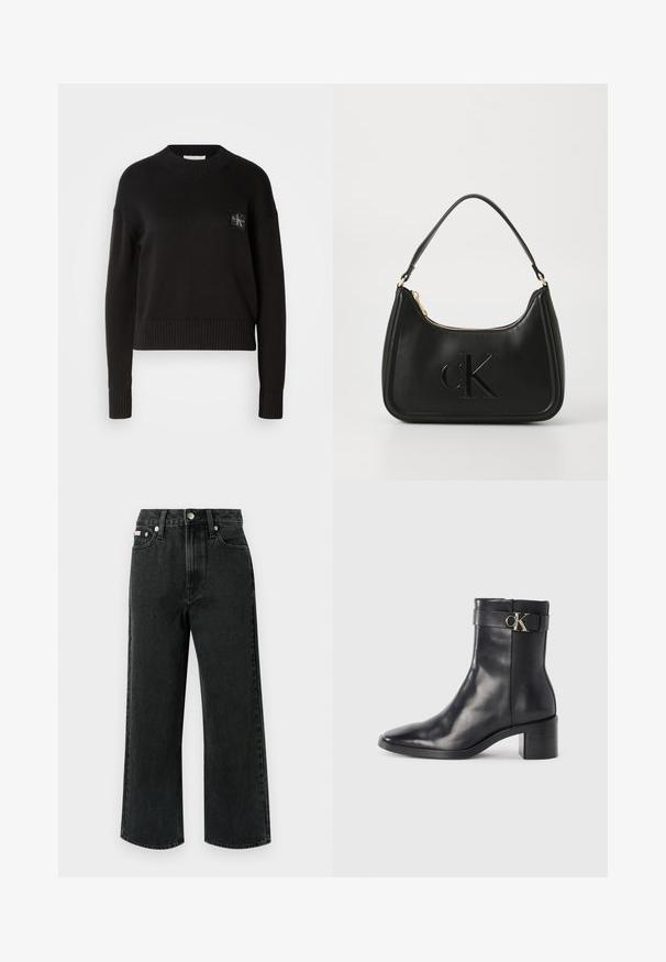 Suéter de punto negro con cuello redondo, puños acanalados y dobladillo. Presenta un pequeño parche de logo cuadrado en el lado izquierdo del pecho. Corte casual.; Jeans de pierna ancha en denim negro, con cintura alta, dos bolsillos delanteros, un bolsillo trasero y cierre de botón con un detalle plateado.; Bota de tobillo de cuero negra con punta afilada, tacón cuadrado y una correa con un detalle de logo metálico. Textura suave y diseño minimalista.; Bolso de mano de cuero negro con forma curva, que presenta una cremallera dorada y un sutil logo "cK" en relieve. Textura suave y un solo asa.