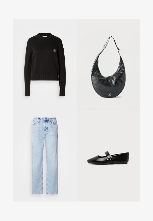 Suéter de punto negro con cuello redondo, puños acanalados y dobladillo. Presenta un pequeño parche de logo cuadrado en el lado izquierdo del pecho. Corte casual.; Jeans de pierna ancha en azul claro, confeccionados en denim, con una cintura alta, un lavado desgastado y un sutil patrón de tie-dye en la parte delantera.; Zapato plano Mary Jane de cuero negro con punta redondeada y hebilla plateada sobre un fondo liso.; Bolso de cuero negro en forma de media luna con correa ajustable y logotipo plateado "cK" en el frente, sobre fondo blanco.