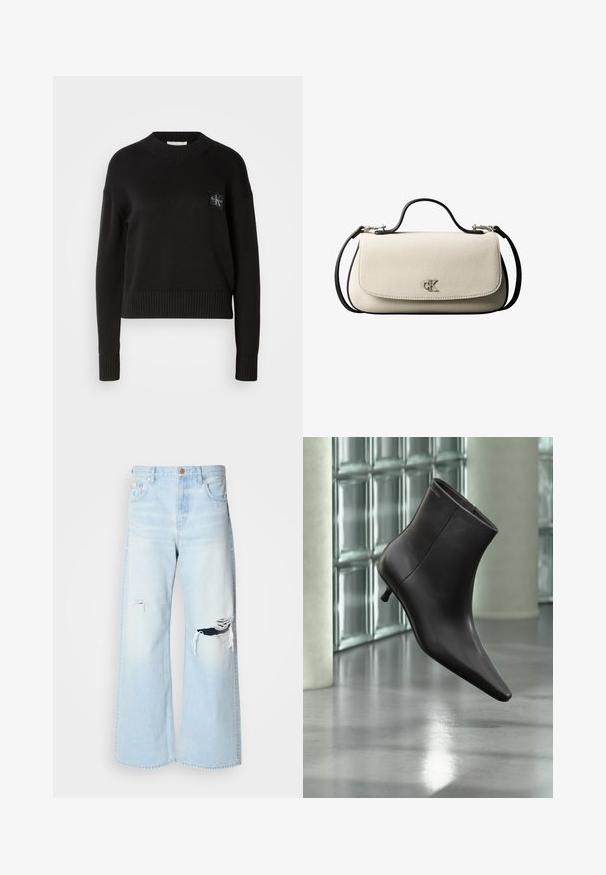 Suéter de punto negro con cuello redondo, puños acanalados y dobladillo. Presenta un pequeño parche de logo cuadrado en el lado izquierdo del pecho. Corte casual.; Pantalones vaqueros de pierna ancha en azul claro, confeccionados en denim, con una cintura alta, grandes desgastes en las rodillas y un diseño clásico de cinco bolsillos con herrajes de cobre.; Bota de cuero negro para el tobillo con puntera puntiaguda y tacón pequeño, exhibida frente a una pared de bloques de vidrio y un suelo pulido.; Bolso rectangular de color crema con correa y asa negras, cierre frontal con solapa y pequeño logo plateado "cK" en el centro del frente.