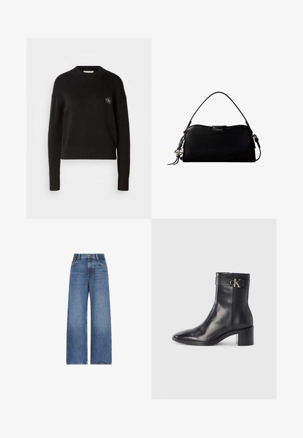 Sort strikket sweater med rund hals, ribbede manchetter og kant. Har et lille firkantet logo-patch på venstre bryst. Casual fit.; Blå høj talje vidde-ben denim jeans med forreste knap og lynlås, bæltestropper og klassisk fem-lomme design.; Sort læder ankelstøvle med spids tå, blokhæl og en rem med en metallisk logo detalje. Glat tekstur og minimalistisk design.; Sort rektangulær Calvin Klein håndtaske med enkelt toprem, sølvlogo vedhæng og lille klaplukning foran.