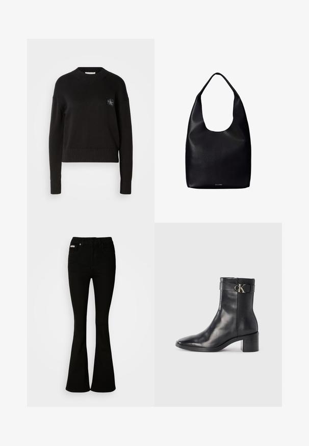 Sort strikket sweater med rund hals, ribbede manchetter og kant. Har et lille firkantet logo-patch på venstre bryst. Casual fit.; Sorte bukser med flare, der har en tætsiddende talje, lavet af blødt denim. Har to forlommer og en klassisk knap- og lynlåslukning.; Sort læder ankelstøvle med spids tå, blokhæl og en rem med en metallisk logo detalje. Glat tekstur og minimalistisk design.; Sort læder shoppertaske med en bred enkelt skulderrem og et subtilt Calvin Klein-logo nederst i midten.